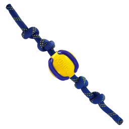 KONG Jaxx Brights Ball med rep till hunden i gult och blått
